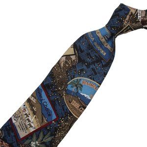 Reyn Spooner Kona Coffee Labels Hawaiian Necktie Navy Blue Italian Silk Adolfo